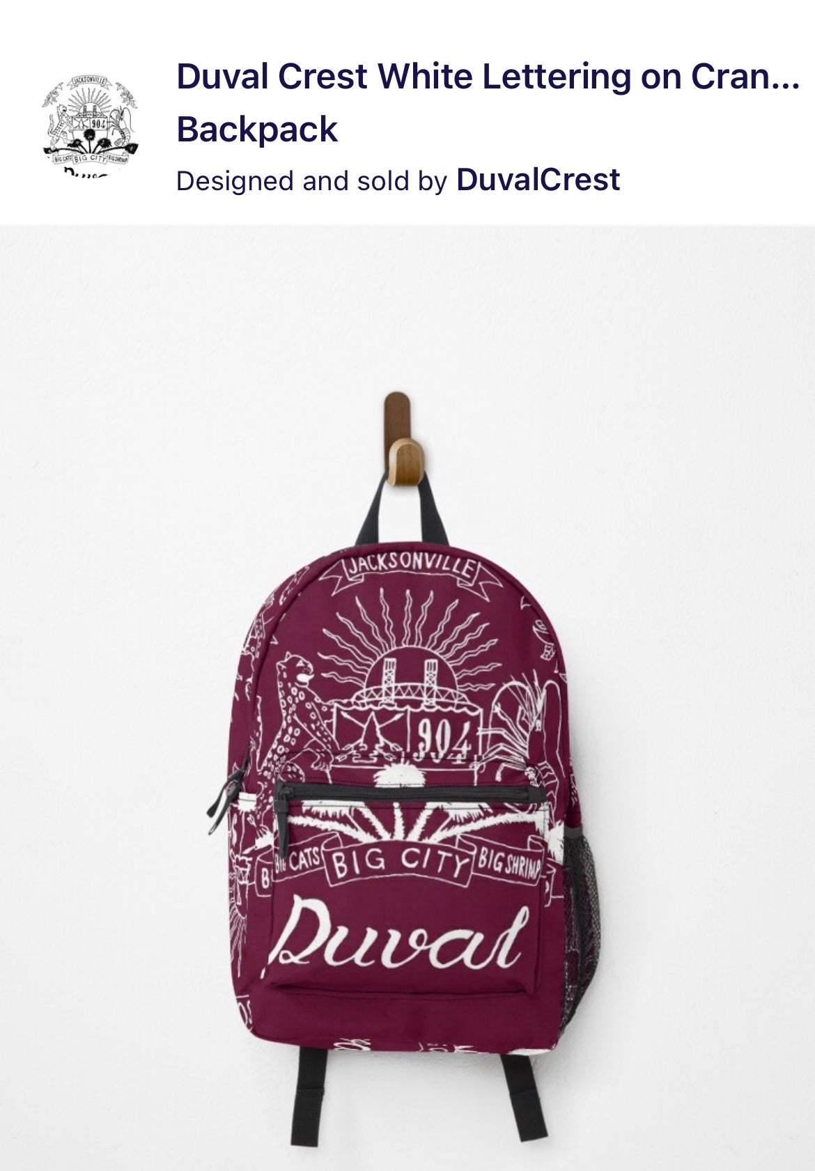 Duval Crest... Join the Fam!  Show your love for the 904 while in the kitchen, at the grill, or at the studio!&nbsp;  Product Details: Carry your stuff, express yourself, keep your hands free, it's win-win-win Bag measures 17” x 12.5” x 5” / 43 x 31 x 12 cm Most standard laptops fit in the internal laptop pocket, which measures 13.5" x 10.5" / 34 x 27 cm Durable 100% polyester shell Vivid all-over design, sublimation printed for you when you order External mesh pocket and adjustable padded straps Pocket det