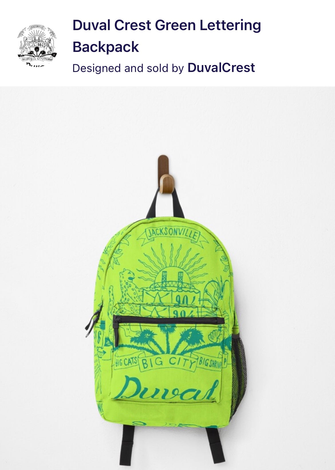 Duval Crest... Join the Fam!  Show your love for the 904 while in the kitchen, at the grill, or at the studio!&nbsp;  Product Details: Carry your stuff, express yourself, keep your hands free, it's win-win-win Bag measures 17” x 12.5” x 5” / 43 x 31 x 12 cm Most standard laptops fit in the internal laptop pocket, which measures 13.5" x 10.5" / 34 x 27 cm Durable 100% polyester shell Vivid all-over design, sublimation printed for you when you order External mesh pocket and adjustable padded straps Pocket det