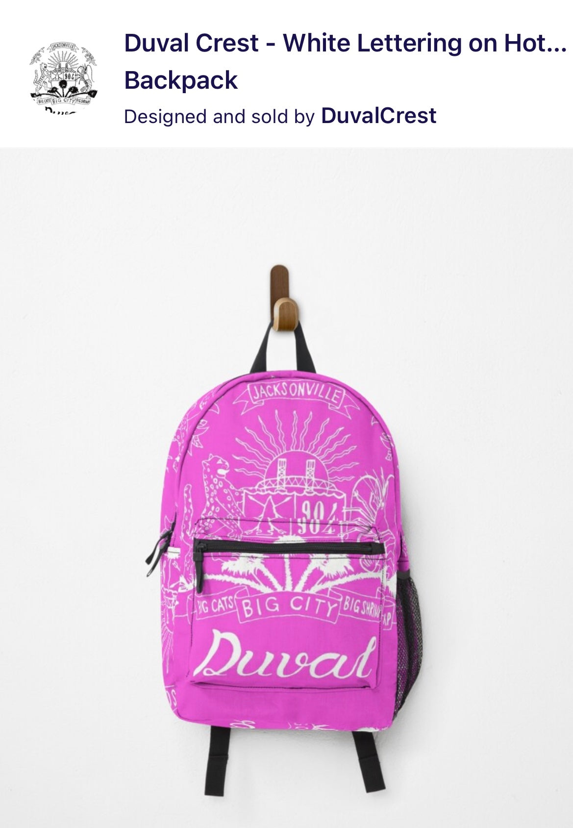 Duval Crest... Join the Fam!  Show your love for the 904 while in the kitchen, at the grill, or at the studio!&nbsp;  Product Details: Carry your stuff, express yourself, keep your hands free, it's win-win-win Bag measures 17” x 12.5” x 5” / 43 x 31 x 12 cm Most standard laptops fit in the internal laptop pocket, which measures 13.5" x 10.5" / 34 x 27 cm Durable 100% polyester shell Vivid all-over design, sublimation printed for you when you order External mesh pocket and adjustable padded straps Pocket det