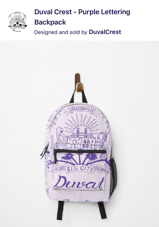 Duval Crest... Join the Fam!  Show your love for the 904 while in the kitchen, at the grill, or at the studio!&nbsp;  Product Details: Carry your stuff, express yourself, keep your hands free, it's win-win-win Bag measures 17” x 12.5” x 5” / 43 x 31 x 12 cm Most standard laptops fit in the internal laptop pocket, which measures 13.5" x 10.5" / 34 x 27 cm Durable 100% polyester shell Vivid all-over design, sublimation printed for you when you order External mesh pocket and adjustable padded straps Pocket det