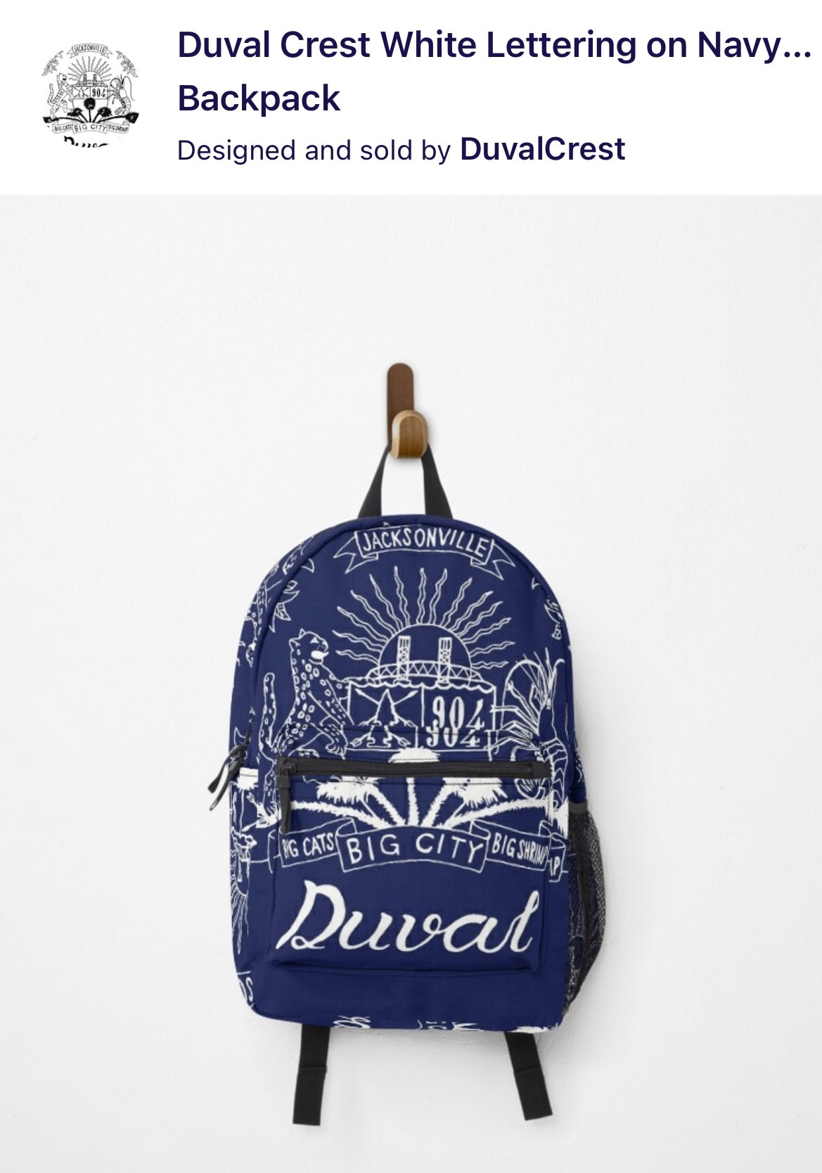 Duval Crest... Join the Fam!  Show your love for the 904 while in the kitchen, at the grill, or at the studio!&nbsp;  Product Details: Carry your stuff, express yourself, keep your hands free, it's win-win-win Bag measures 17” x 12.5” x 5” / 43 x 31 x 12 cm Most standard laptops fit in the internal laptop pocket, which measures 13.5" x 10.5" / 34 x 27 cm Durable 100% polyester shell Vivid all-over design, sublimation printed for you when you order External mesh pocket and adjustable padded straps Pocket det