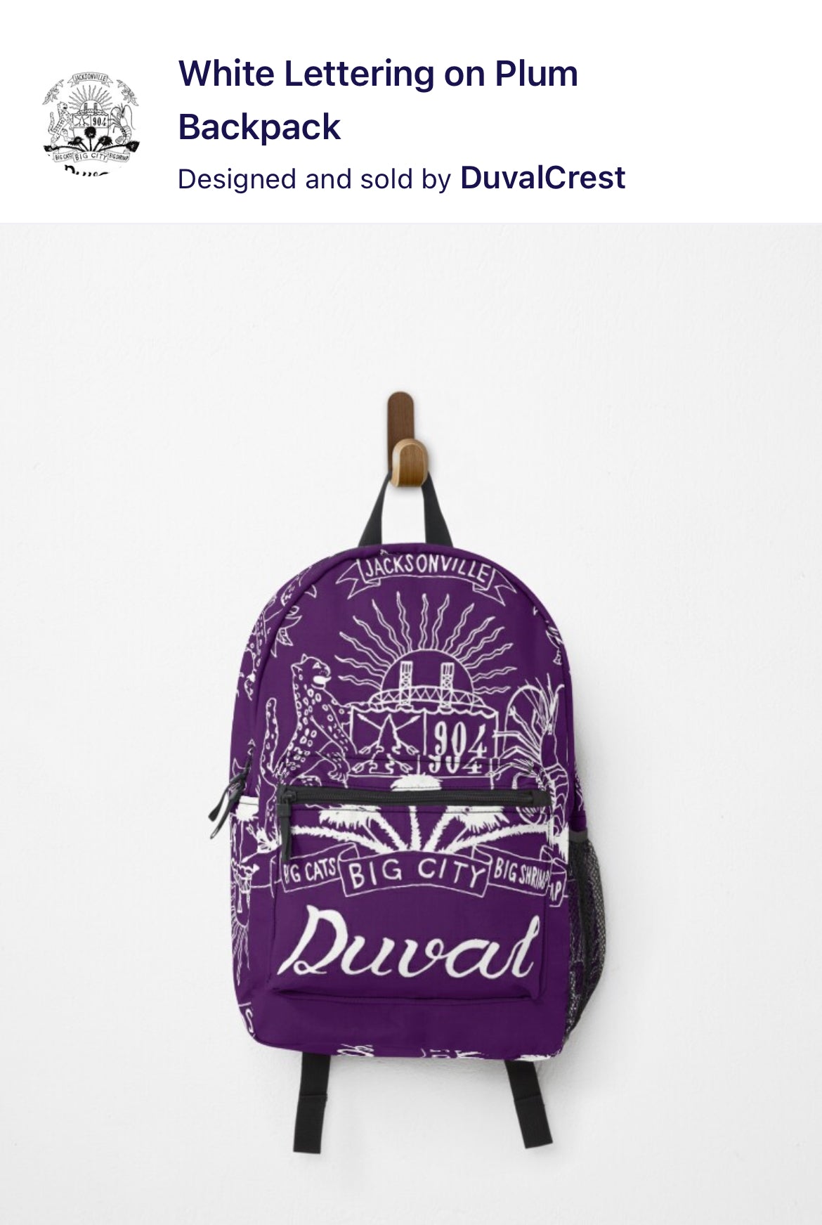 Duval Crest... Join the Fam!  Show your love for the 904 while in the kitchen, at the grill, or at the studio!&nbsp;  Product Details: Carry your stuff, express yourself, keep your hands free, it's win-win-win Bag measures 17” x 12.5” x 5” / 43 x 31 x 12 cm Most standard laptops fit in the internal laptop pocket, which measures 13.5" x 10.5" / 34 x 27 cm Durable 100% polyester shell Vivid all-over design, sublimation printed for you when you order External mesh pocket and adjustable padded straps Pocket det