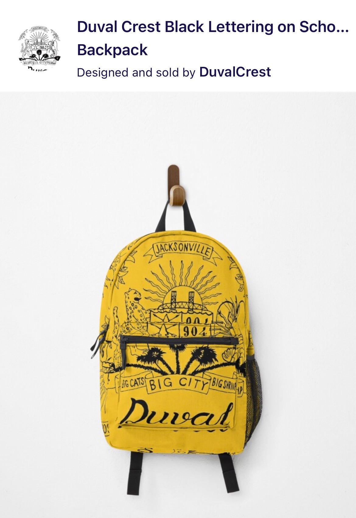 Duval Crest... Join the Fam!  Show your love for the 904 while in the kitchen, at the grill, or at the studio!&nbsp;  Product Details: Carry your stuff, express yourself, keep your hands free, it's win-win-win Bag measures 17” x 12.5” x 5” / 43 x 31 x 12 cm Most standard laptops fit in the internal laptop pocket, which measures 13.5" x 10.5" / 34 x 27 cm Durable 100% polyester shell Vivid all-over design, sublimation printed for you when you order External mesh pocket and adjustable padded straps Pocket det