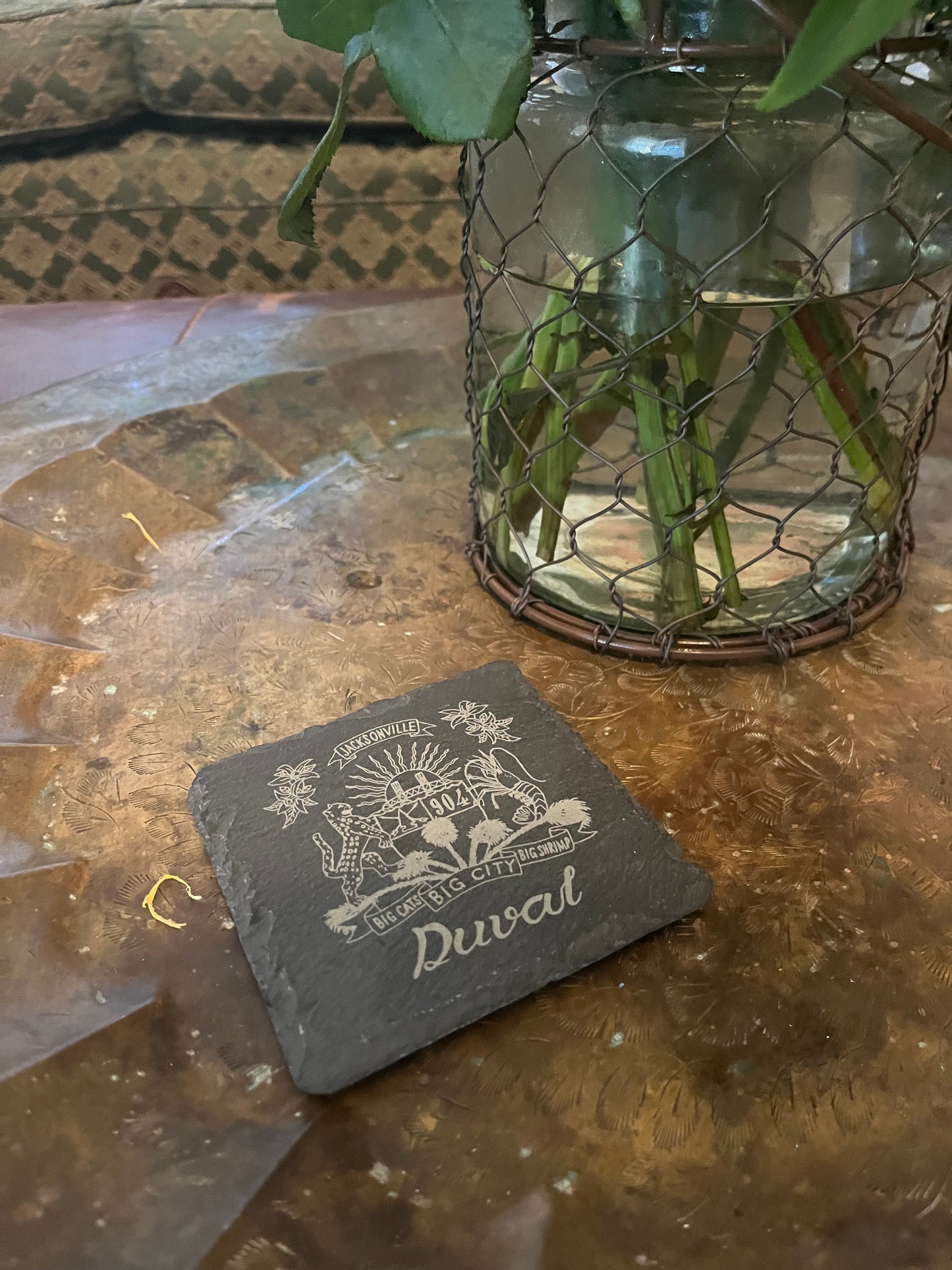 Duval Crest..... Join the Fam!&nbsp;  Show your 904 love around your home with these 4"x 4" slate coasters  &nbsp;About this Item Fashion design: These 100% all natural slate coasters fitting any color of dark tables and suits any kitchen theme, can make your home decoration full of personality. Table Safe: The square slate stone has a sturdy surface that can anti scratch and easy to clean, the bottom of the coaster have non-slip round mini soft mat provides stability. Perfect Size: Standard square size 4in