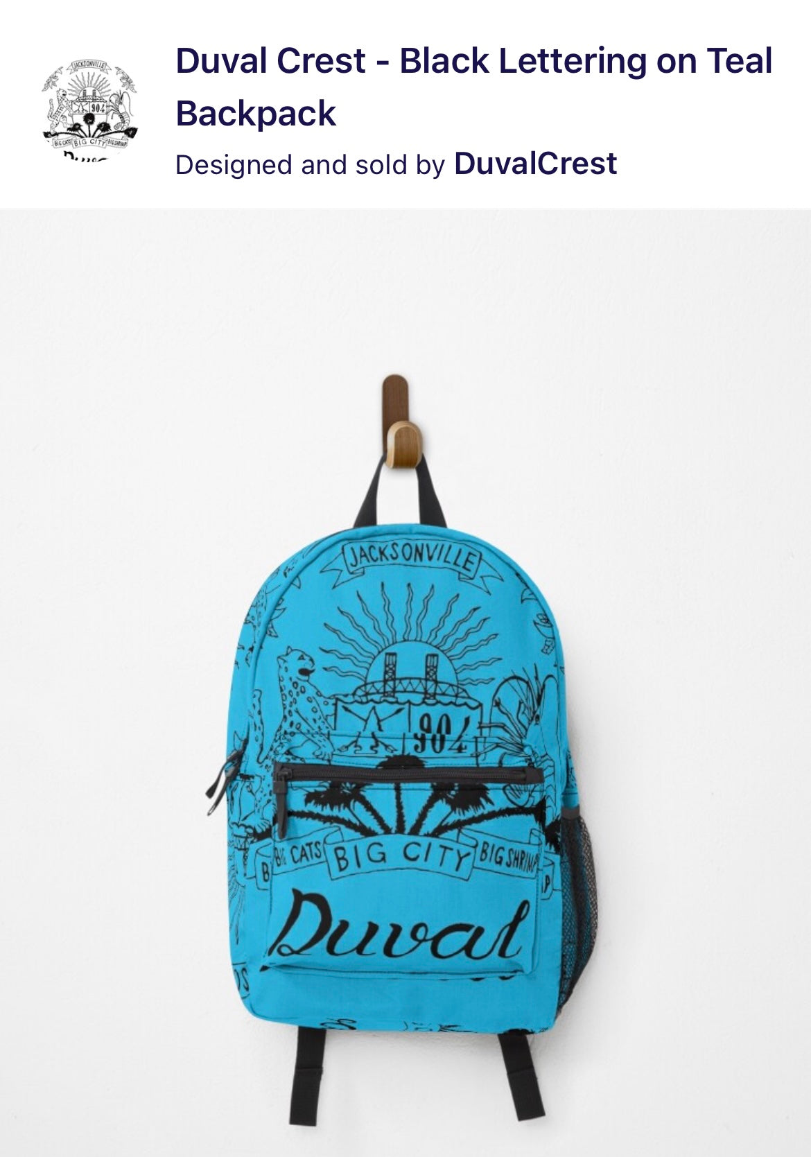 Duval Crest... Join the Fam!  Show your love for the 904 while in the kitchen, at the grill, or at the studio!&nbsp;  Product Details: Carry your stuff, express yourself, keep your hands free, it's win-win-win Bag measures 17” x 12.5” x 5” / 43 x 31 x 12 cm Most standard laptops fit in the internal laptop pocket, which measures 13.5" x 10.5" / 34 x 27 cm Durable 100% polyester shell Vivid all-over design, sublimation printed for you when you order External mesh pocket and adjustable padded straps Pocket det