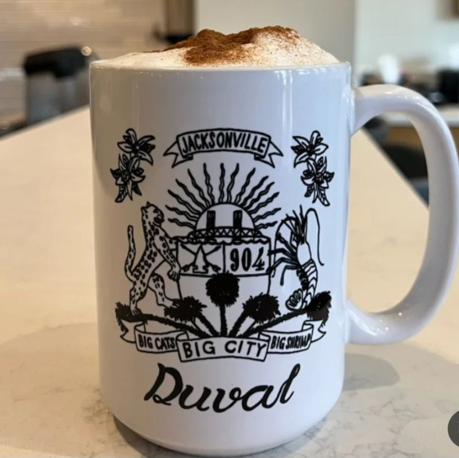 Duval Crest..... Join the Fam!&nbsp;  Show your 904 love &nbsp;each morning with&nbsp;Locally made XL white ceramic coffee mug&nbsp;  Microwave friendly -- Handle will not get super hot!  Comes in White with Black print or White with Teal Print &nbsp;- both sides of the handle